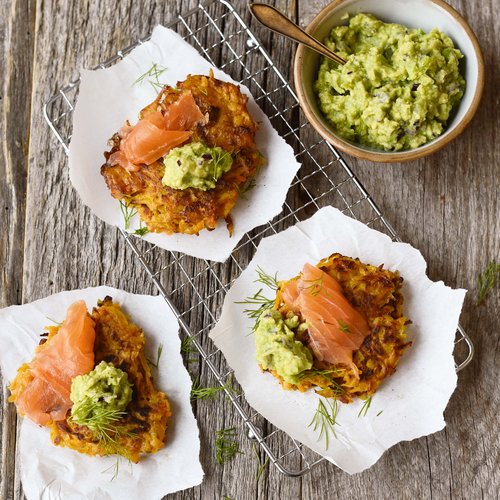 Süßkartoffelpuffer mit Guacamole & Lachs